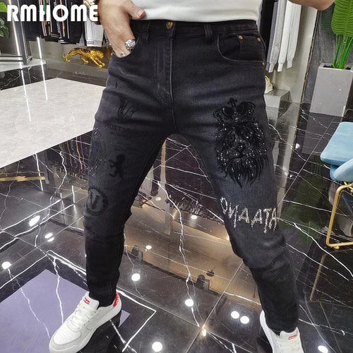 Diamond Men‘s Jeans Fashion Brand Man Tight Trouser New Heavy Craft Printing Stretch Fit Versatile Black Male Pencil Pants