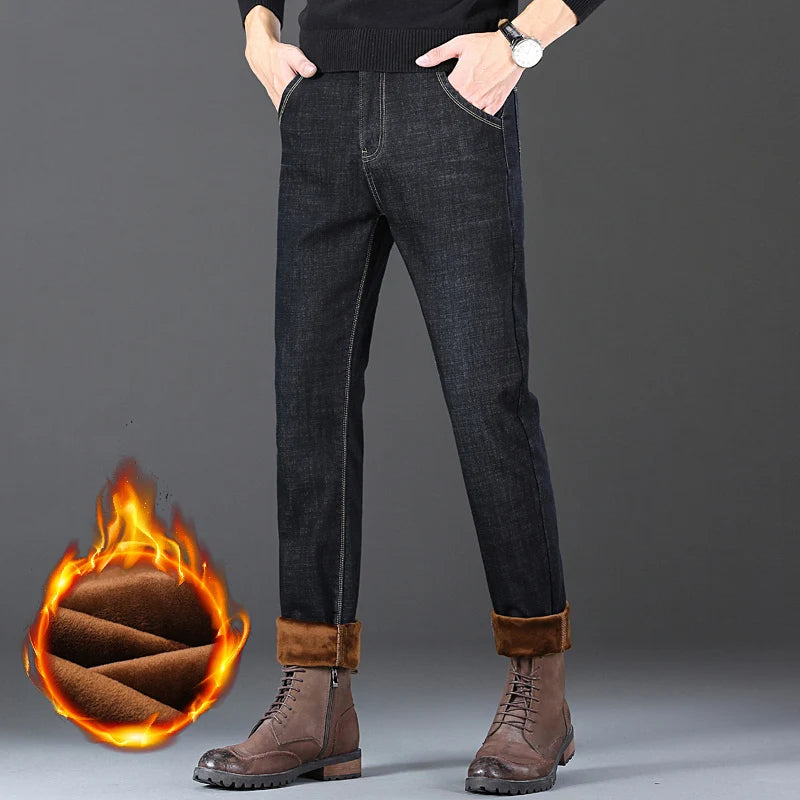 Winter New Men’s Fleece Warm Jeans Slim Stretch Fashion Casual Denim Pants Classic Thickened Plush Male Clothing Black Blue