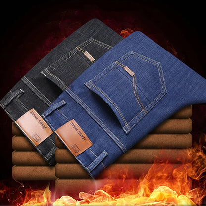 New Men’s Winter Warm Plush Stretch Jeans Thicken Fleece Denim Long Pants Bussiness Casual Baggy Stacked Trousers Thermal Jeans