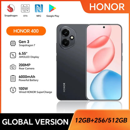 【Brand+】2025 HONOR 400 5G Global Version Smartphone 6.55'' AMOLED Screen 200MP Camera 6000 mAh 100W SuperCharge OTG NFC