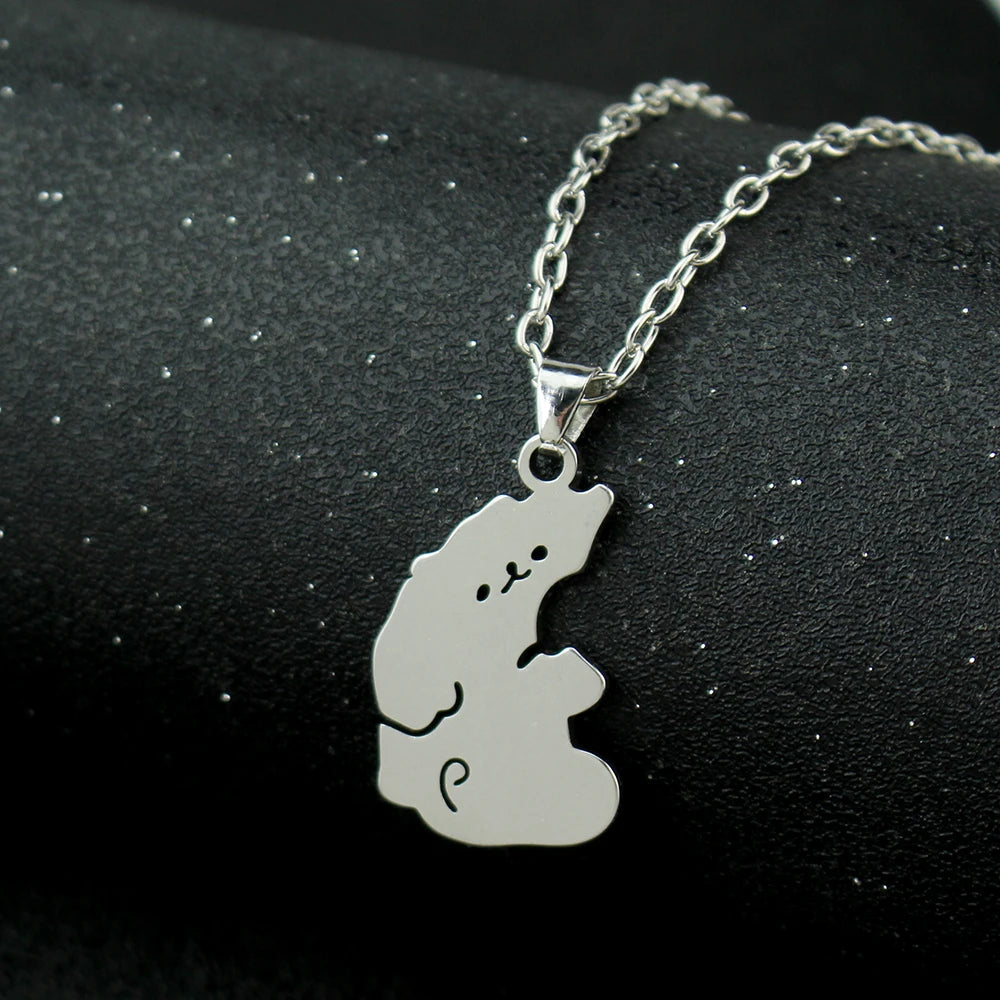 1Pair Cute Animal Hugging Cat Pendant Necklaces Stainless Steel Cat Necklace for Couple Lover Valentine's Day Jewelry Gift
