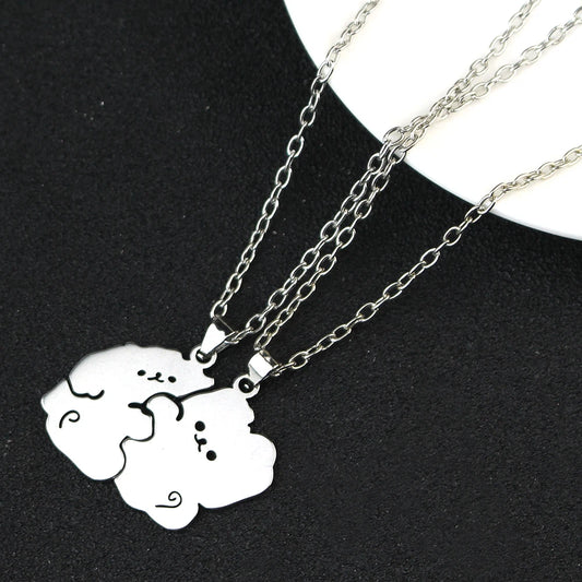 1Pair Cute Animal Hugging Cat Pendant Necklaces Stainless Steel Cat Necklace for Couple Lover Valentine's Day Jewelry Gift