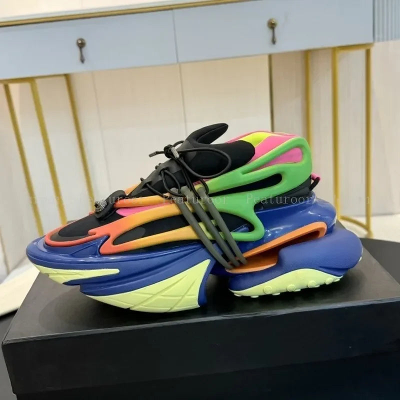 ‌Men Women Gradient Color Sneakers Patchwork High Quality Walking Shoes Thick Sole Lace Up Flats Casual Shoes Big Size 35-46