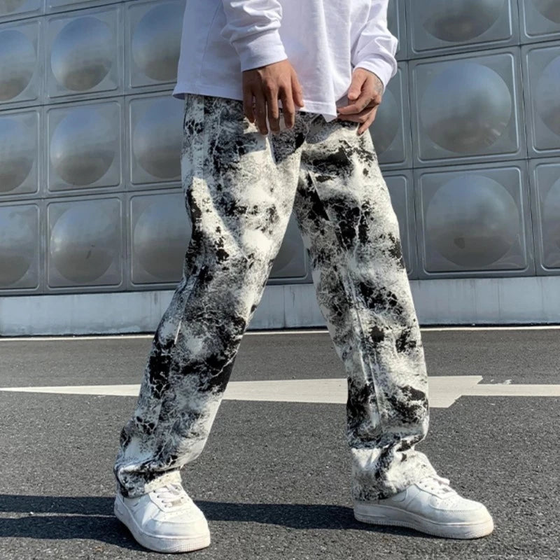 Mens Jean Fashion Printed jeans Spring 2024 Mopping Trousers Jeans Korean Style High Street Loose Hip Hop Wide-leg Jean Pants