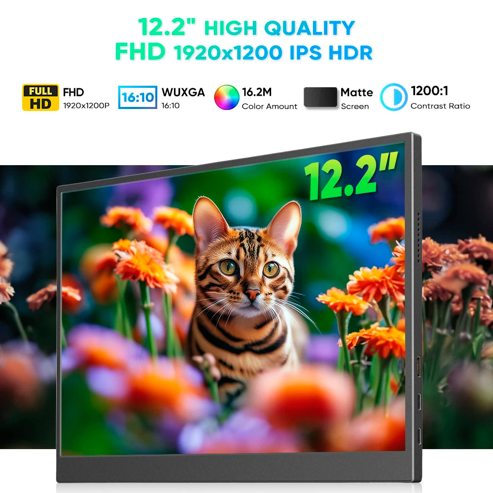 12.2 Inch Portable PC Monitor IPS 1920*1200 Resolution Dual Built-In Speakers 16:10 HD VESA Mountable Business Screen for Laptop