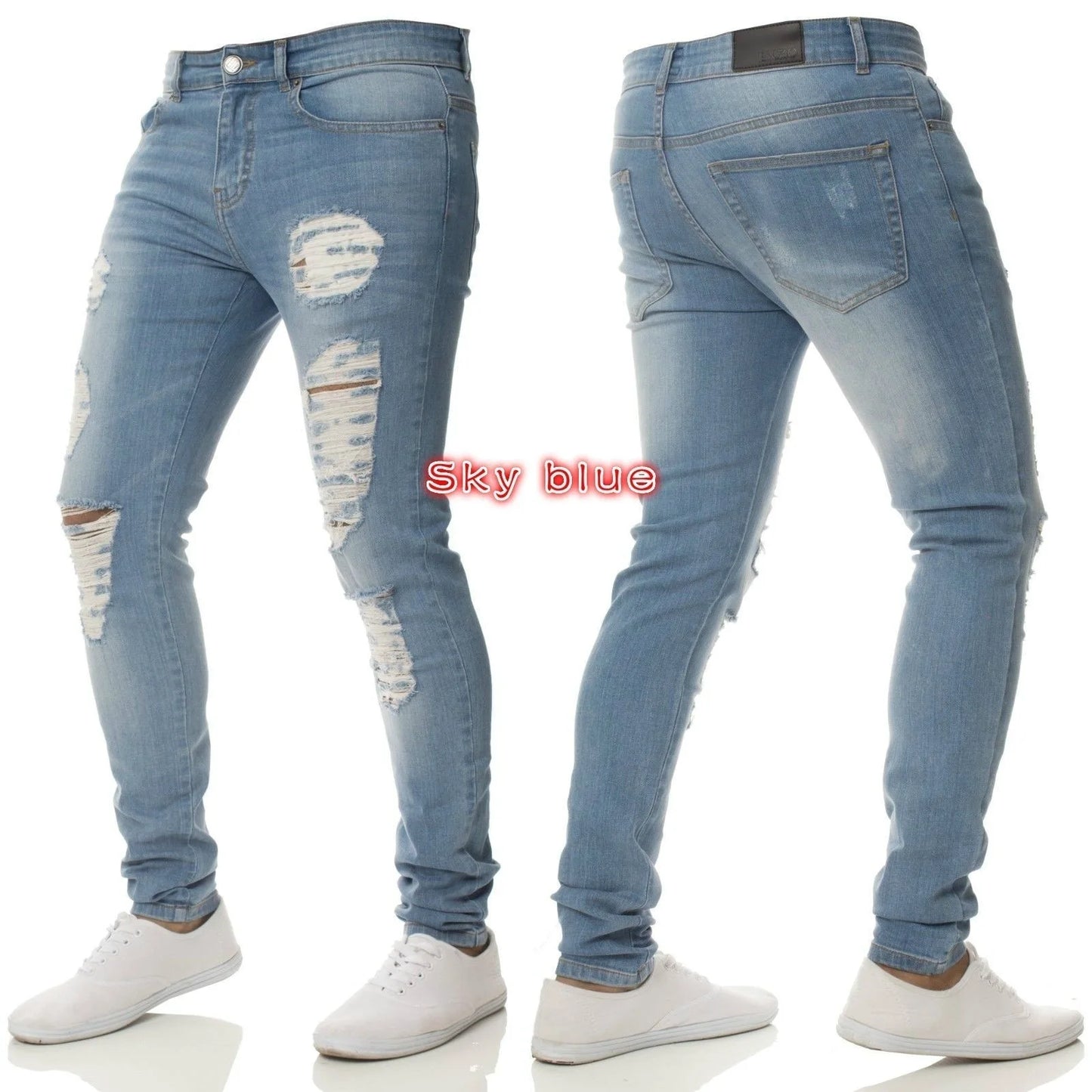 Men Jeans Knee Hole Ripped Stretch Skinny Denim Pants Solid Color Black Blue Autumn Summer Hip-Hop Style Slim Fit Trousers S-4XL