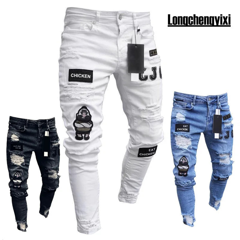 New Ripped Jeans Men Stretch Skinny Grey Blue Black Hip Hop Denim Trousers Streetwear Casual Slim Fit Jeans for Men Jogging jean