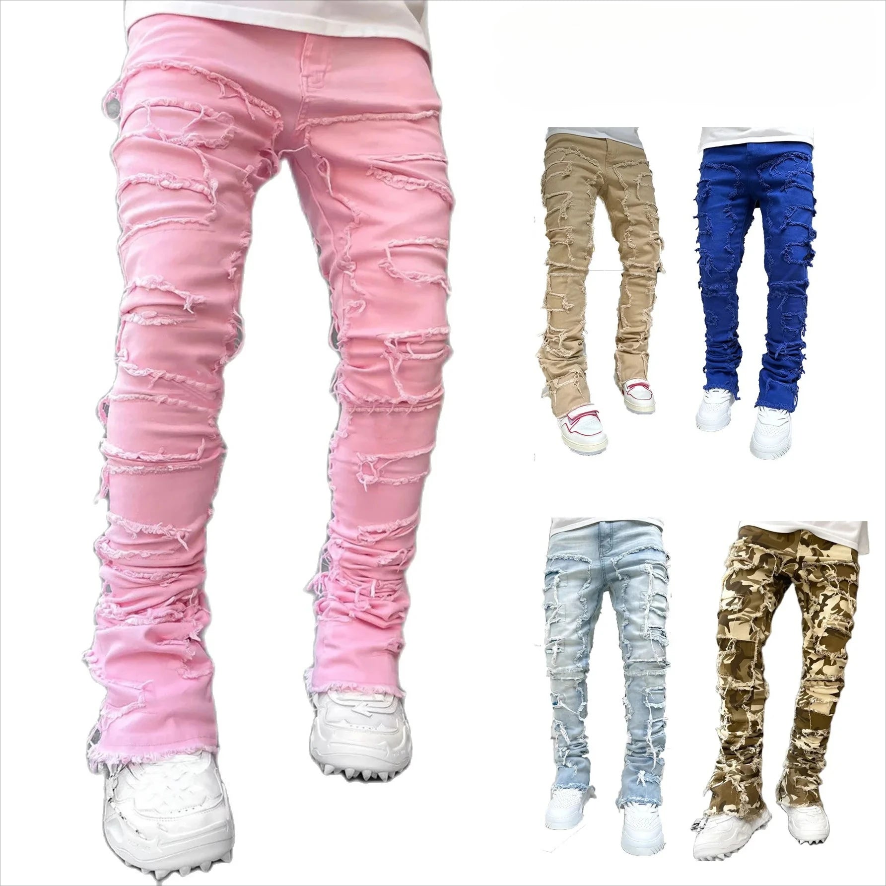 New Men's Fashion Jeans Work Pants, European and American Fashion Workwear Elastic Patchwork Denim Layered Flared Pants S-XXL