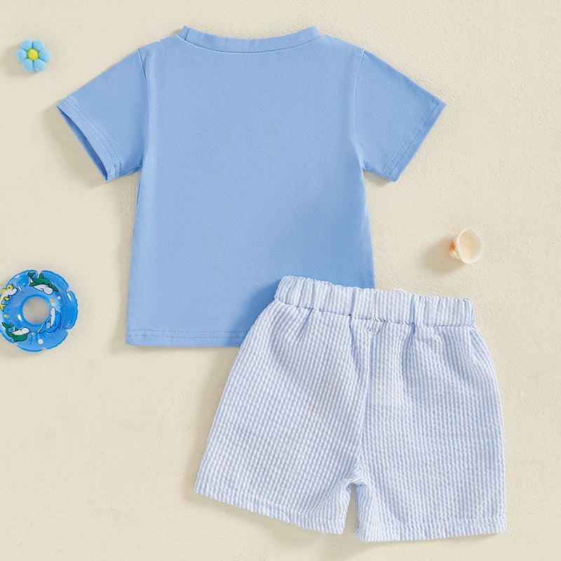 0-4Y Toddler Baby Boy Summer Clothes Set Fish Embroidery Short Sleeve T-Shirts Elastic Waist Shorts 2Pcs Clothes Set