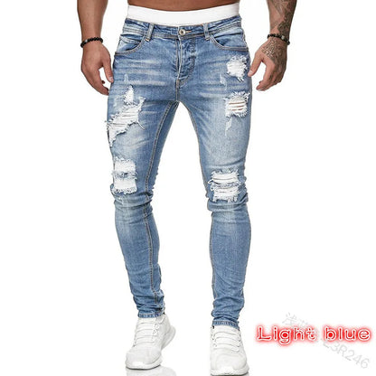 Men Jeans Knee Hole Ripped Stretch Skinny Denim Pants Solid Color Black Blue Autumn Summer Hip-Hop Style Slim Fit Trousers S-4XL