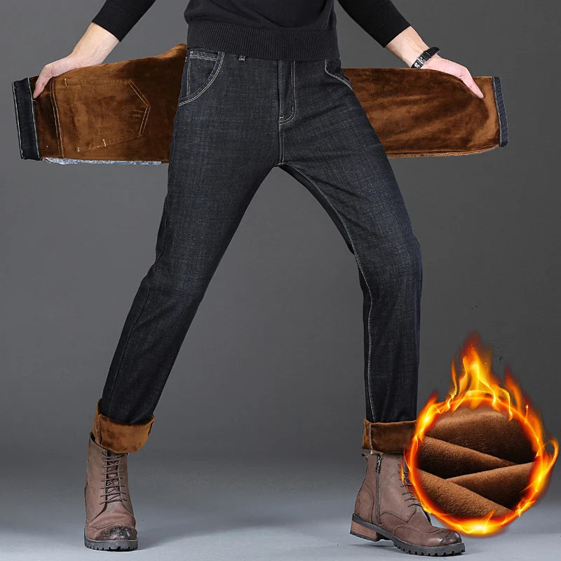 Winter New Men’s Fleece Warm Jeans Slim Stretch Fashion Casual Denim Pants Classic Thickened Plush Male Clothing Black Blue