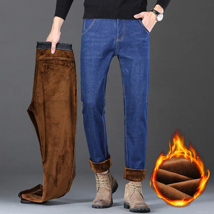 New Men’s Winter Warm Plush Stretch Jeans Thicken Fleece Denim Long Pants Bussiness Casual Baggy Stacked Trousers Thermal Jeans