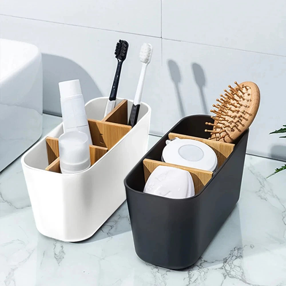 Toothbrush Holders for Bathrooms, Bamboo Tooth Brush Holder with 5 Slots Bathroom Vanity Organizer Countertop for Toothpaste