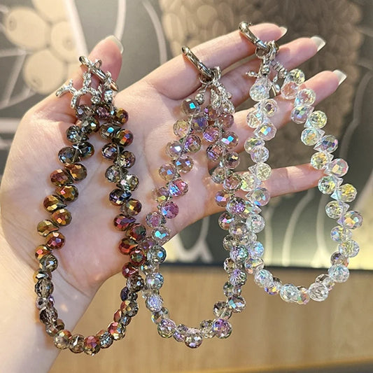 Y2K Luxury Glitter Crystal Portable Keychain Beads Chain Wrist Short Lanyard with Clip Piece Mobile Phone Case Trendy Ornament