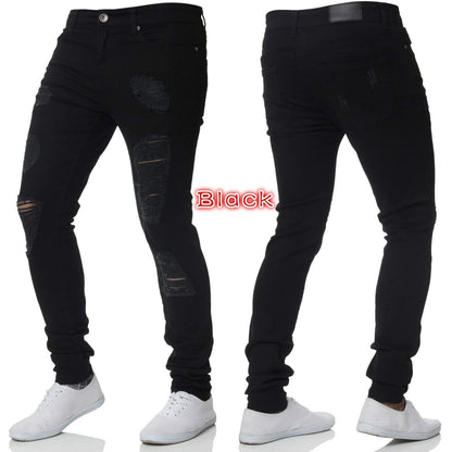 Men Jeans Knee Hole Ripped Stretch Skinny Denim Pants Solid Color Black Blue Autumn Summer Hip-Hop Style Slim Fit Trousers S-4XL