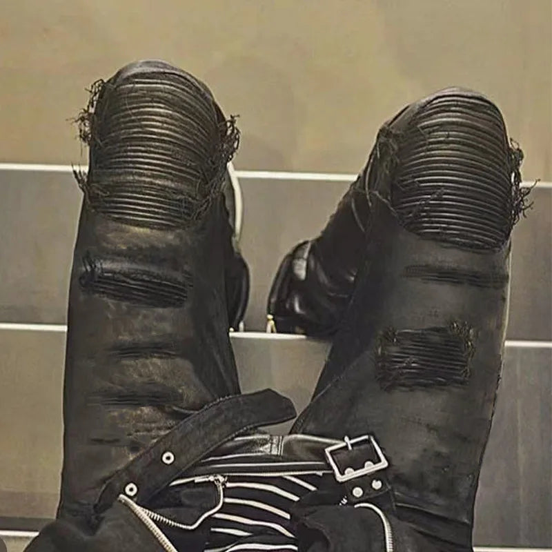 Owen Seak Men‘s  Oil wax Jeans Cotton Denim Slim Autumn Hole Pencil Trousers Designer luxury Pants