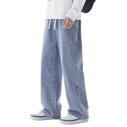 Korean Solid Colors Men's Casual Long Jeans Classic Man Four Seasons Straight Denim Wide-leg Pants Light Blue Grey Black S-3XL