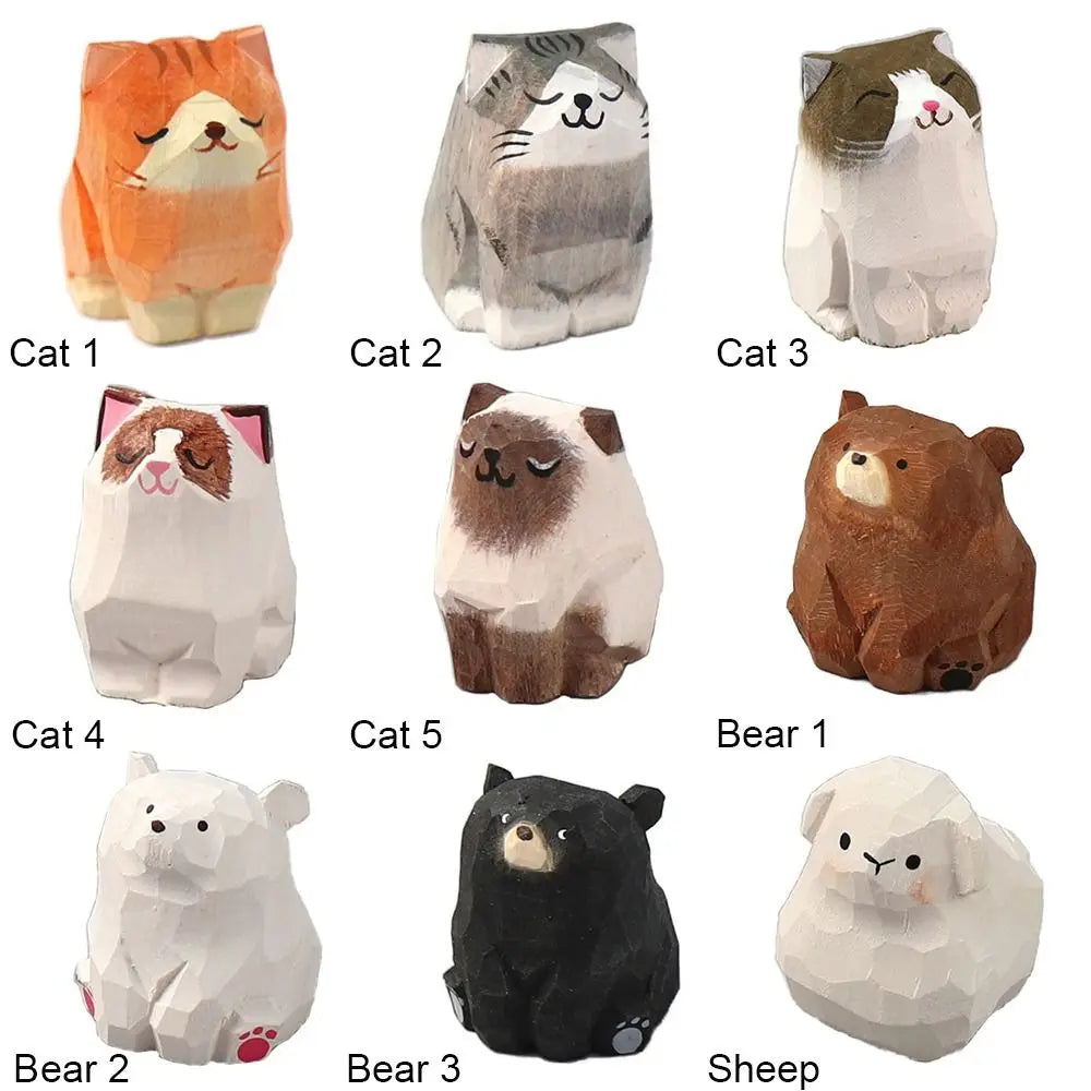 Gift Cartoon Animal Wood Bear Figurine Wooden Kids  Desktop Knick-knack Carved Art Craft Carving Cat Statue