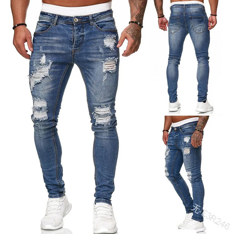 Men Jeans Knee Hole Ripped Stretch Skinny Denim Pants Solid Color Black Blue Autumn Summer Hip-Hop Style Slim Fit Trousers S-4XL