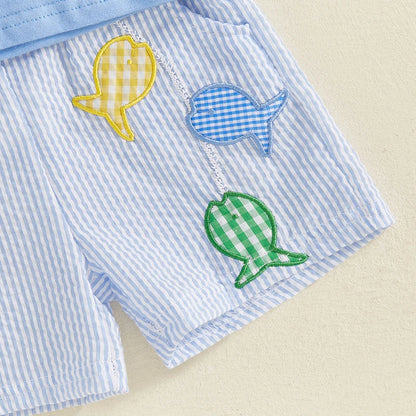 0-4Y Toddler Baby Boy Summer Clothes Set Fish Embroidery Short Sleeve T-Shirts Elastic Waist Shorts 2Pcs Clothes Set