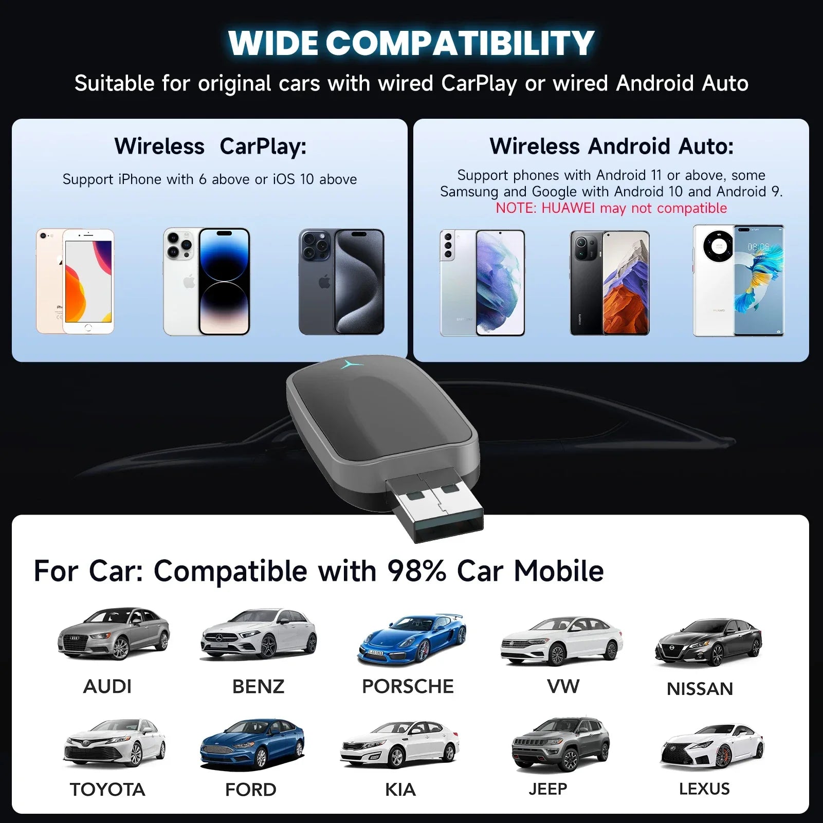 Adaptador CarPlay Android Auto con cable a inalámbrico, color negro