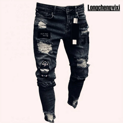 2025 New Ripped Jeans Men Slim-fit Denim Pants Cotton Korean Style Fashion Elasticity Versatile Blue Black Men's Clothing S-XXXL