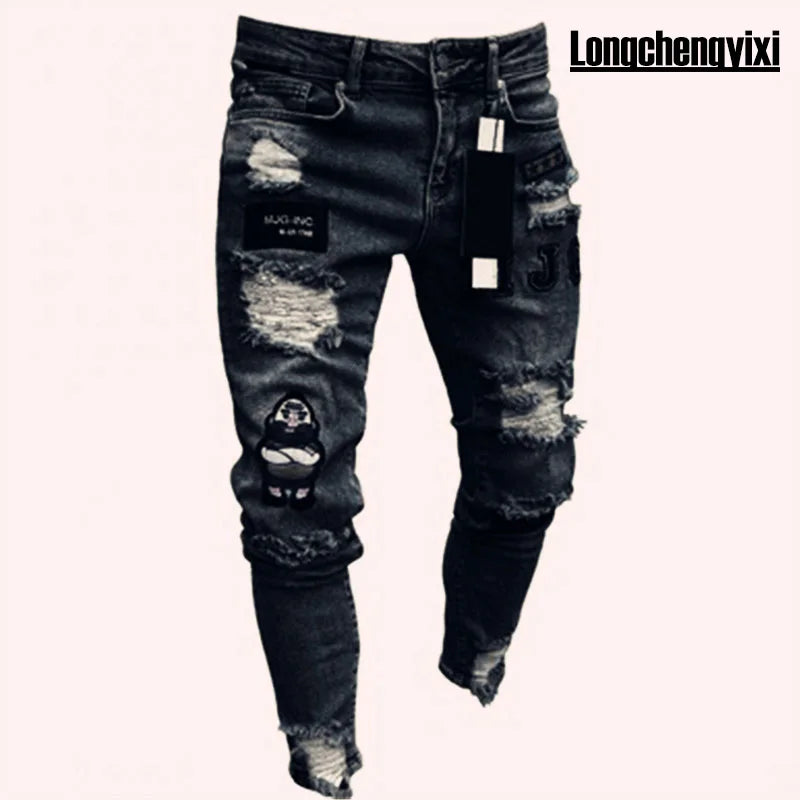Men Jeans Knee Hole Ripped Stretch Skinny Denim Pants Solid Color Black Blue Autumn Summer Hip-Hop Style Slim Fit Trousers S-4XL