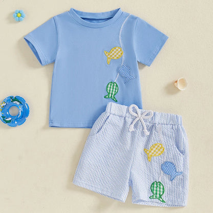 0-4Y Toddler Baby Boy Summer Clothes Set Fish Embroidery Short Sleeve T-Shirts Elastic Waist Shorts 2Pcs Clothes Set