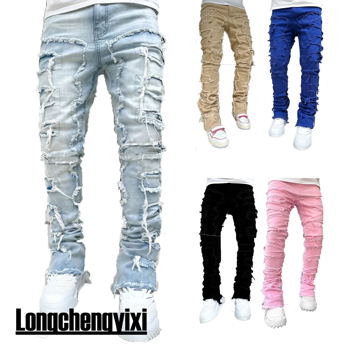 New Men's Fashion Jeans Work Pants, European and American Fashion Workwear Elastic Patchwork Denim Layered Flared Pants S-XXL