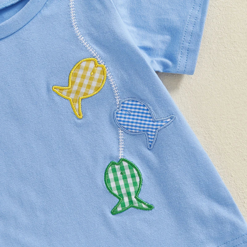 0-4Y Toddler Baby Boy Summer Clothes Set Fish Embroidery Short Sleeve T-Shirts Elastic Waist Shorts 2Pcs Clothes Set
