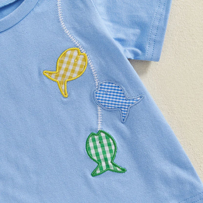 0-4Y Toddler Baby Boy Summer Clothes Set Fish Embroidery Short Sleeve T-Shirts Elastic Waist Shorts 2Pcs Clothes Set
