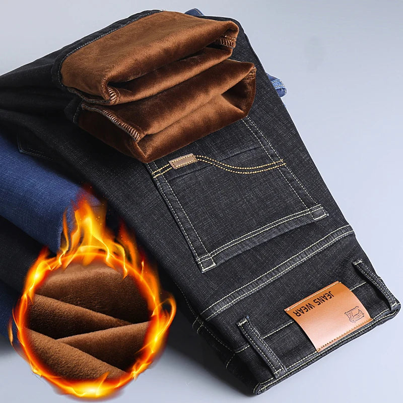 Winter New Men’s Fleece Warm Jeans Slim Stretch Fashion Casual Denim Pants Classic Thickened Plush Male Clothing Black Blue