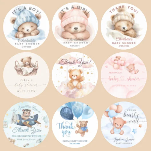 Custom Teddy Bear Sticker Thank You Baby Shower Adhesive Label Boy Girl Birthday Baptism Gender Reveal Gift Sealing Decoration