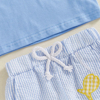 0-4Y Toddler Baby Boy Summer Clothes Set Fish Embroidery Short Sleeve T-Shirts Elastic Waist Shorts 2Pcs Clothes Set
