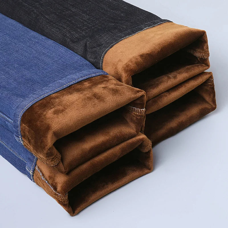 New Men’s Winter Warm Plush Stretch Jeans Thicken Fleece Denim Long Pants Bussiness Casual Baggy Stacked Trousers Thermal Jeans