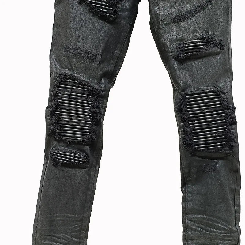 Owen Seak Men‘s  Oil wax Jeans Cotton Denim Slim Autumn Hole Pencil Trousers Designer luxury Pants