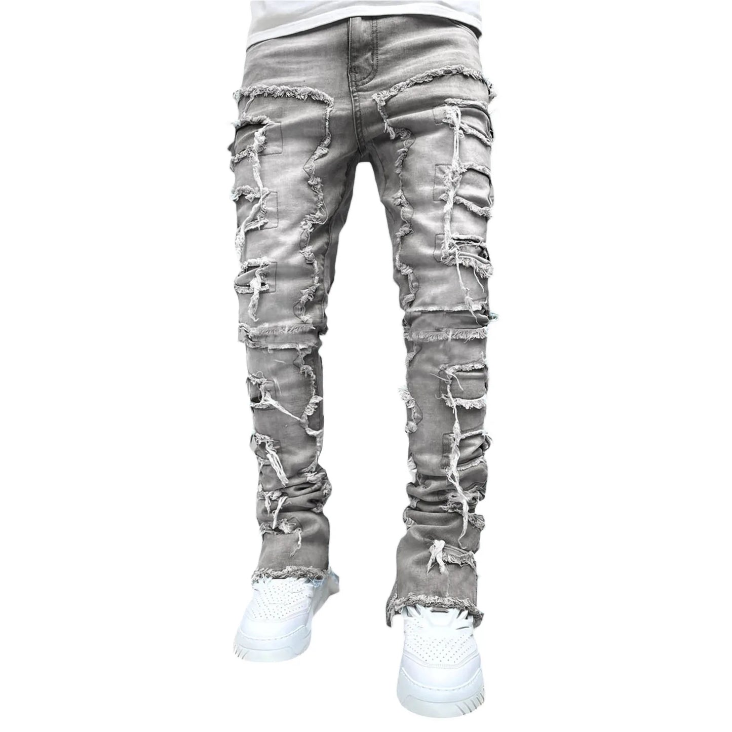 New Men's Fashion Jeans Work Pants, European and American Fashion Workwear Elastic Patchwork Denim Layered Flared Pants S-XXL