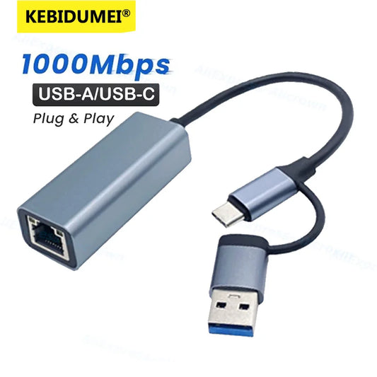 1000Mbps 2-in-1 Network Card USB Wired Ethernet Adapter USB Type-C to RJ45 Adapter USB 3.0 Network Card Converter For PC Laptop