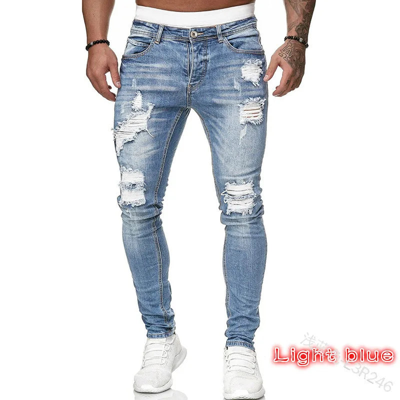 New Ripped Jeans Men Stretch Skinny Grey Blue Black Hip Hop Denim Trousers Streetwear Casual Slim Fit Jeans for Men Jogging jean