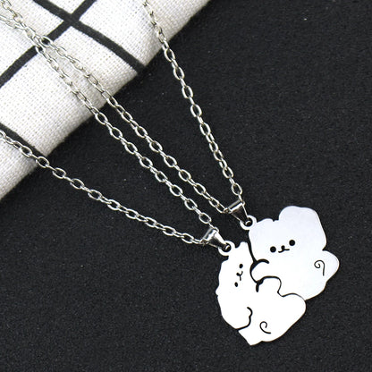 1Pair Cute Animal Hugging Cat Pendant Necklaces Stainless Steel Cat Necklace for Couple Lover Valentine's Day Jewelry Gift
