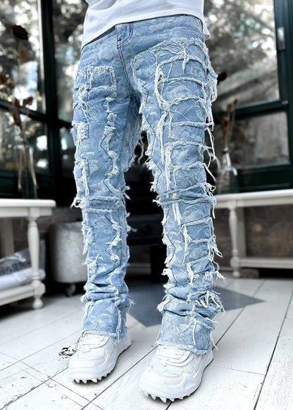 New Men's Fashion Jeans Work Pants, European and American Fashion Workwear Elastic Patchwork Denim Layered Flared Pants S-XXL