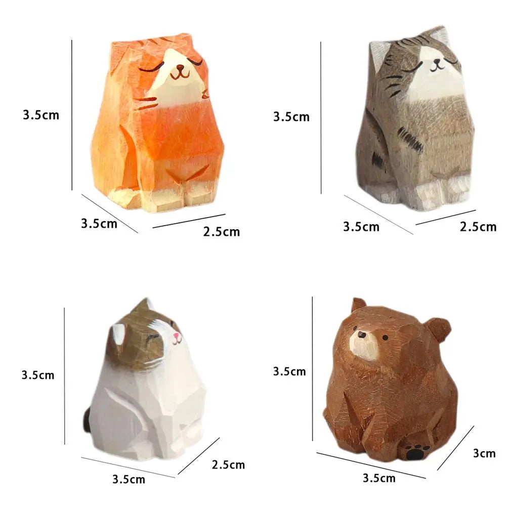 Gift Cartoon Animal Wood Bear Figurine Wooden Kids  Desktop Knick-knack Carved Art Craft Carving Cat Statue