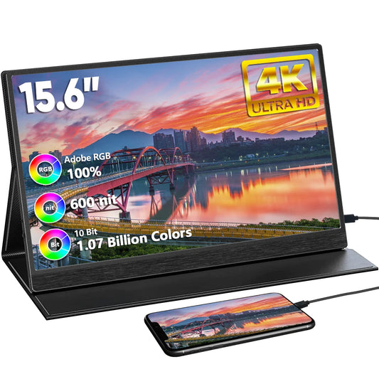 15.6 Inch 4K Portable LCD Monitor with 3840x2160 IPS 600 Nit Screen USB C HD Computer Gaming Display for Travel and PC