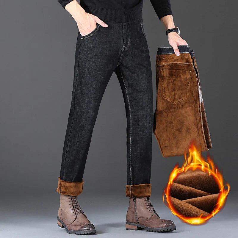 New Men’s Winter Warm Plush Stretch Jeans Thicken Fleece Denim Long Pants Bussiness Casual Baggy Stacked Trousers Thermal Jeans