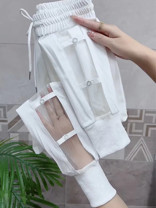 2023 Spring Summer New Ice Silk Quick-Drying Pants Women's Hollow Out Pants Leisure Ankle-Length Sports Pants