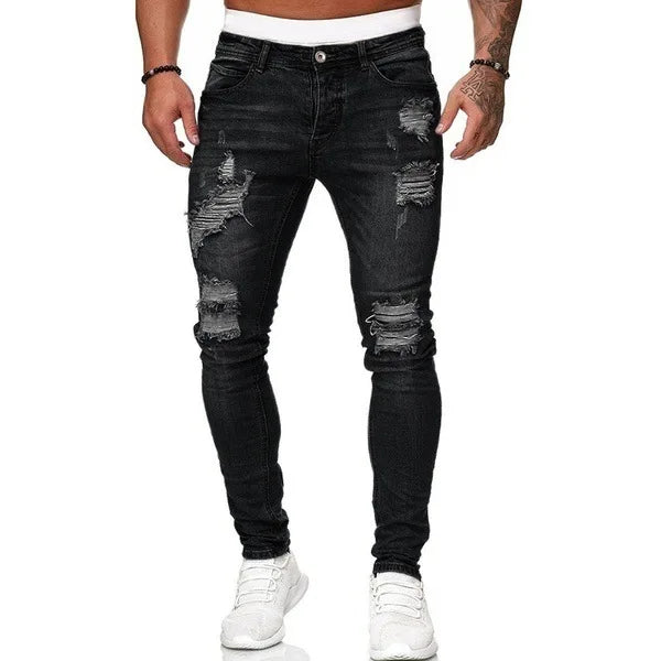 Men Jeans Knee Hole Ripped Stretch Skinny Denim Pants Solid Color Black Blue Autumn Summer Hip-Hop Style Slim Fit Trousers S-4XL