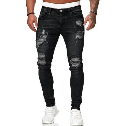 Men Jeans Knee Hole Ripped Stretch Skinny Denim Pants Solid Color Black Blue Autumn Summer Hip-Hop Style Slim Fit Trousers S-4XL