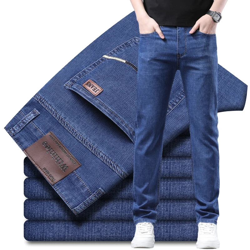 Popular 2024 New Stretch Jeans Business S Business Fashion Straight Regular Blue Stretch Denim Trousers Men's Smart Jeans