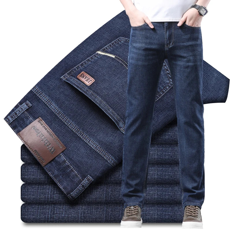 Popular 2024 New Stretch Jeans Business S Business Fashion Straight Regular Blue Stretch Denim Trousers Men's Smart Jeans