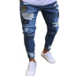 Men Jeans Knee Hole Ripped Stretch Skinny Denim Pants Solid Color Black Blue Autumn Summer Hip-Hop Style Slim Fit Trousers S-4XL
